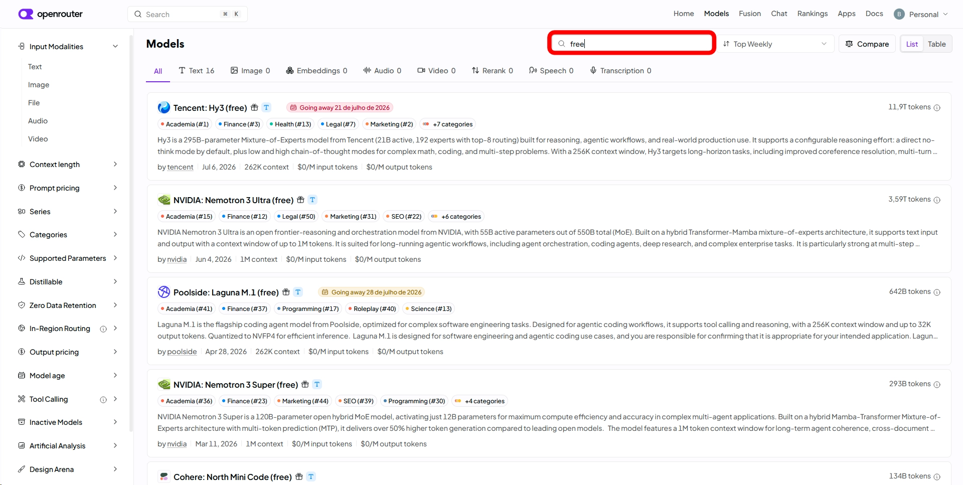 Models Tab at OpenRouter